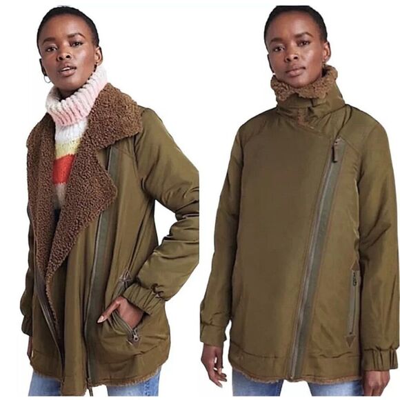 Anthropologie Joni Aviator Moto Jacket Olive Sherpa-lined Women's Size M Petite - Picture 1 of 16